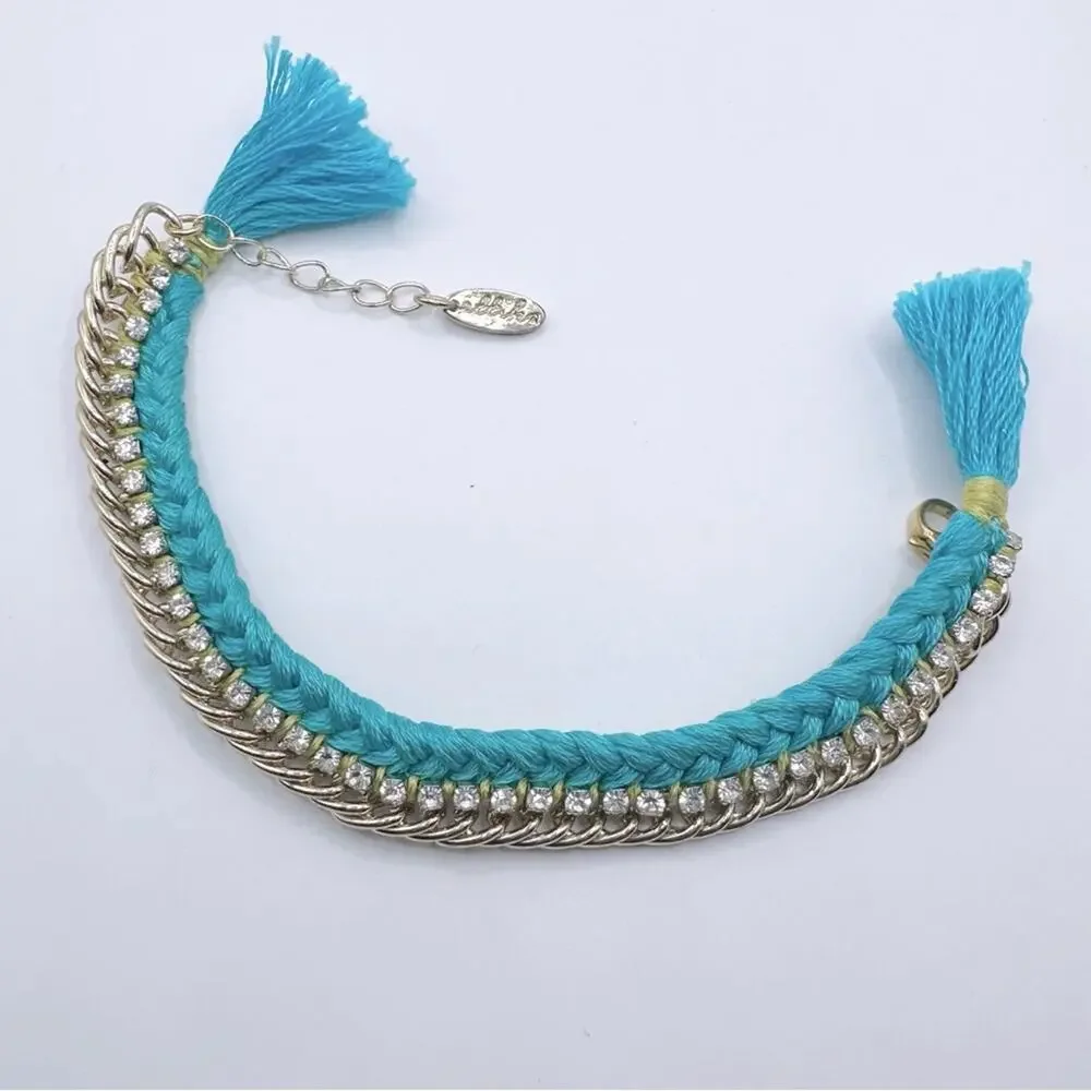 ETTIKA Gold Tone Chain Turquoise Blue Braided Bracelet Tassel Boho Bohemian